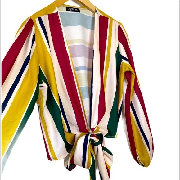 Jeuvre Cream Striped Wrap Crop Top Size Small - Picture 1 of 8